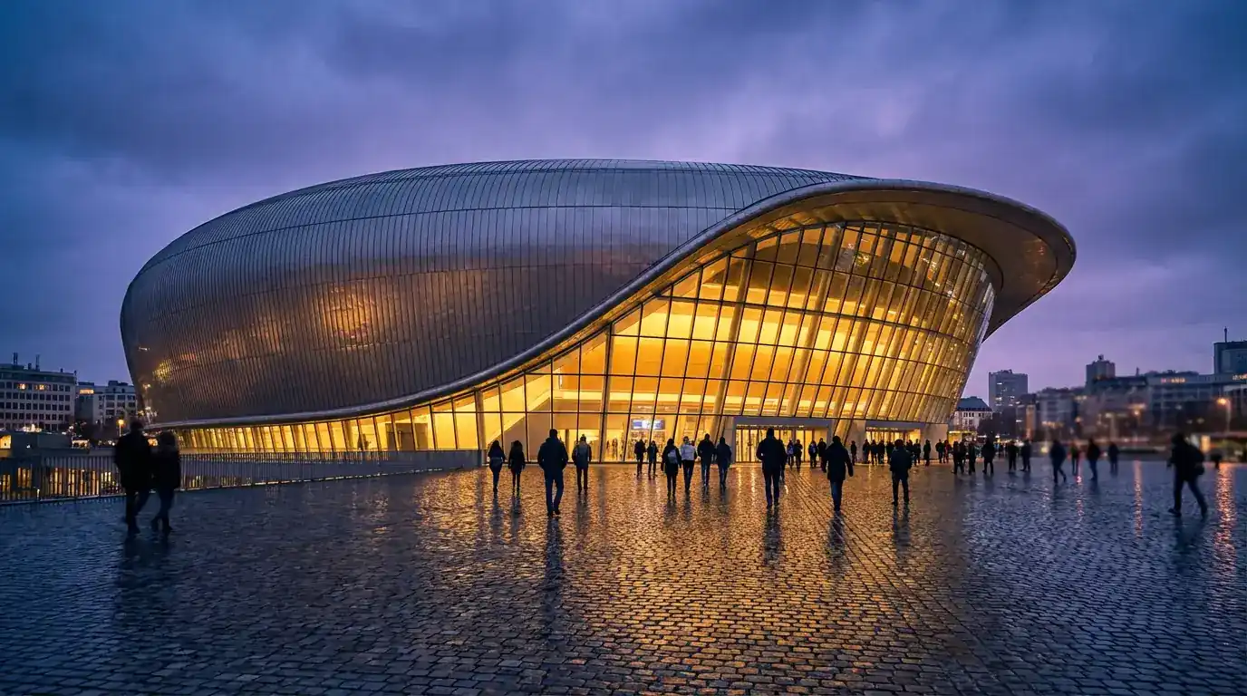 LANXESS Arena in Köln von außen bei abendlicher Beleuchtung – Austragungsort des EHF Final4